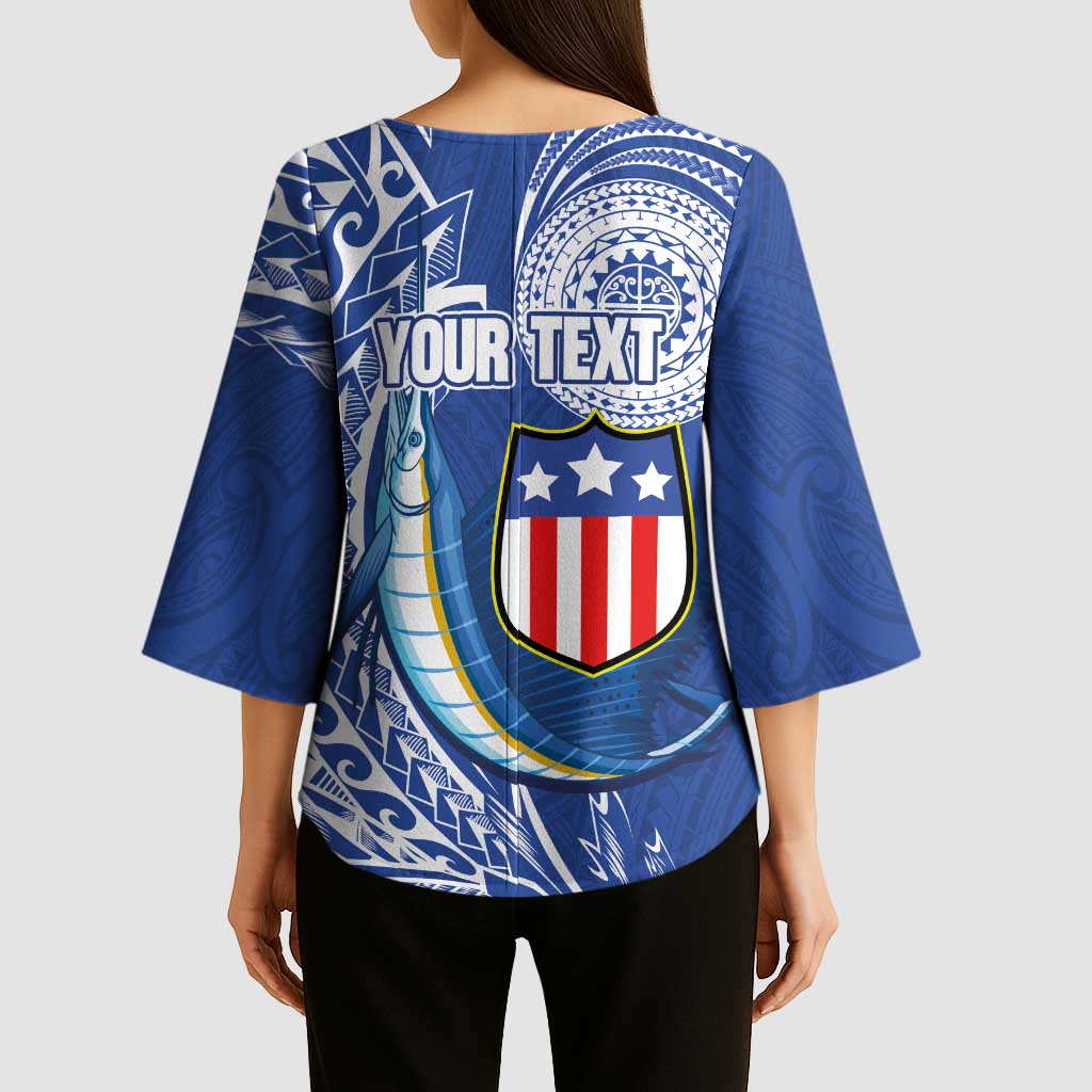 Personalised American Samoa Flag Day Kimono Sleeve Blouse Fautasi Race Fagatogo-Iseula O Le Moana Sailfish Tribal Style