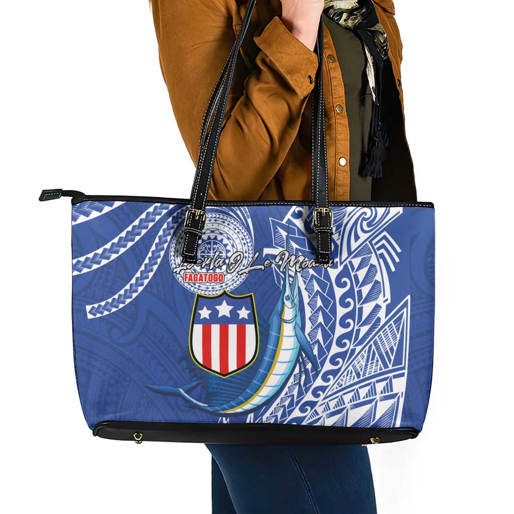 American Samoa Flag Day Leather Tote Bag Fautasi Race Fagatogo-Iseula O Le Moana Sailfish Tribal Style