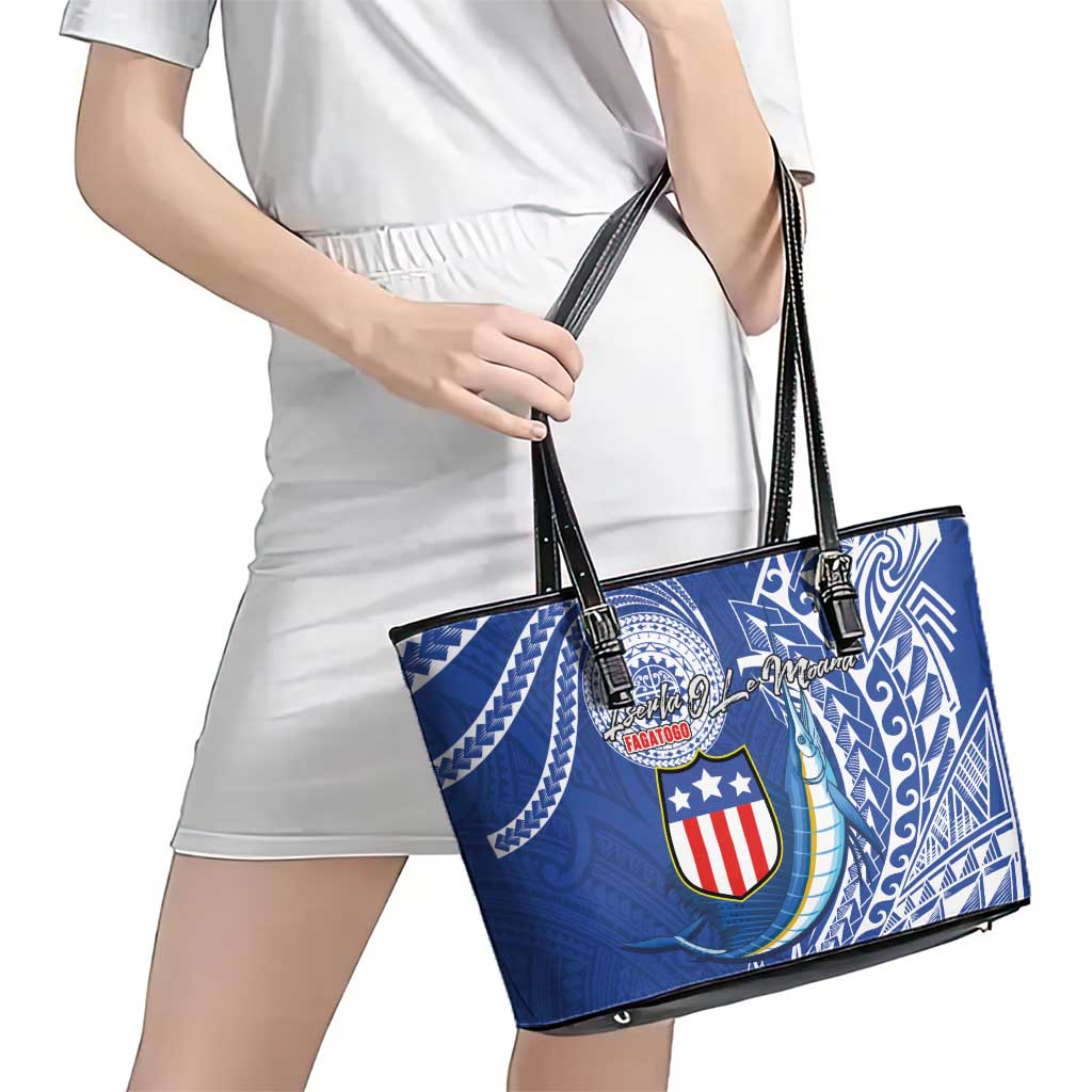 American Samoa Flag Day Leather Tote Bag Fautasi Race Fagatogo-Iseula O Le Moana Sailfish Tribal Style