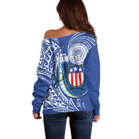 Personalised American Samoa Flag Day Off Shoulder Sweater Fautasi Race Fagatogo-Iseula O Le Moana Sailfish Tribal Style