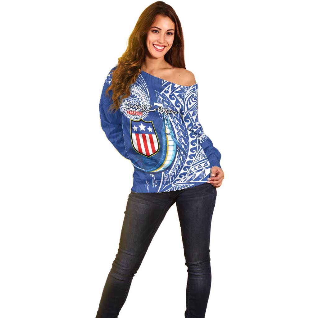 Personalised American Samoa Flag Day Off Shoulder Sweater Fautasi Race Fagatogo-Iseula O Le Moana Sailfish Tribal Style