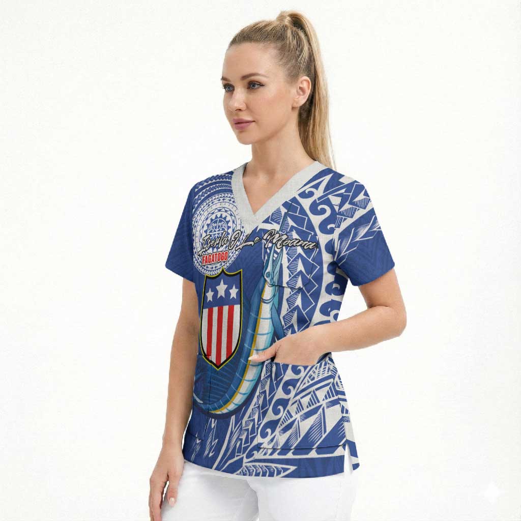Personalised American Samoa Flag Day Scrub Top Fautasi Race Fagatogo-Iseula O Le Moana Sailfish Tribal Style