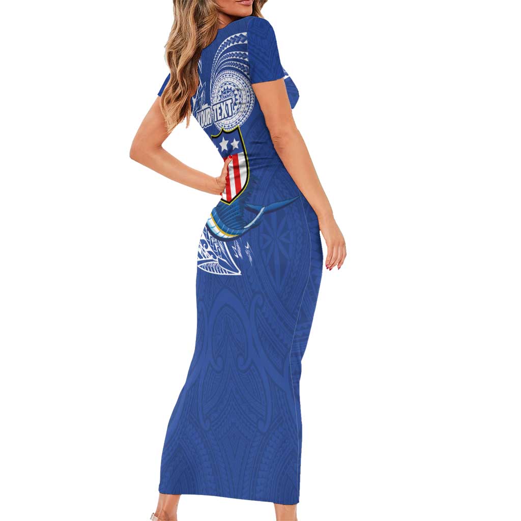 Personalised American Samoa Flag Day Short Sleeve Bodycon Dress Fautasi Race Fagatogo-Iseula O Le Moana Sailfish Tribal Style