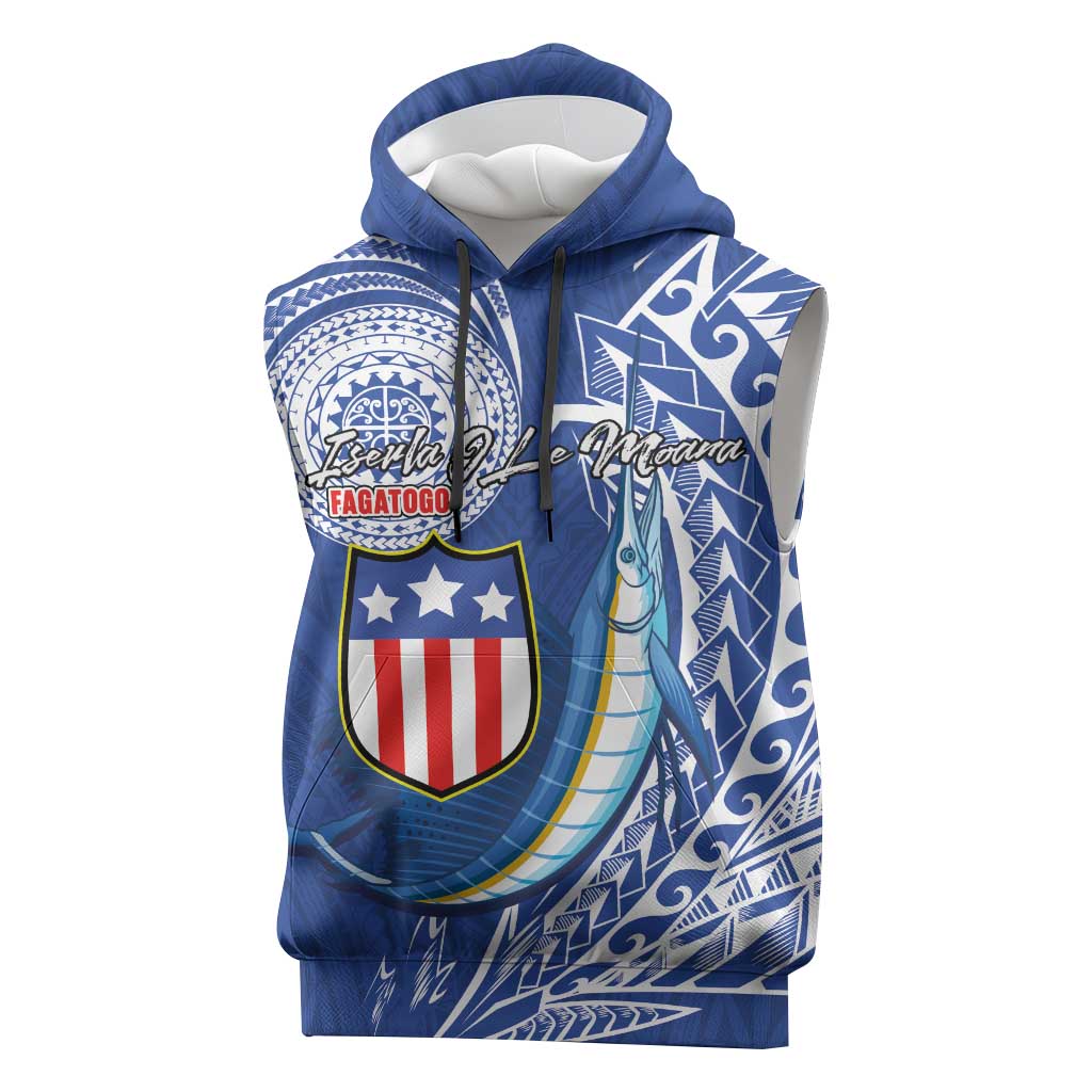 Personalised American Samoa Flag Day Sleeveless Hoodie Fautasi Race Fagatogo-Iseula O Le Moana Sailfish Tribal Style