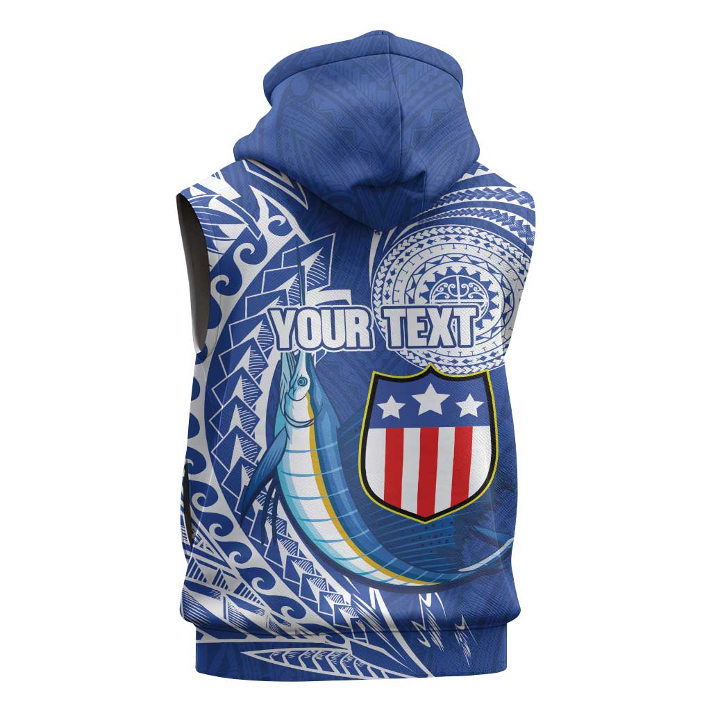 Personalised American Samoa Flag Day Sleeveless Hoodie Fautasi Race Fagatogo-Iseula O Le Moana Sailfish Tribal Style