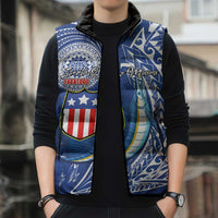 Personalised American Samoa Flag Day Sleeveless Puffer Jacket Fautasi Race Fagatogo-Iseula O Le Moana Sailfish Tribal Style