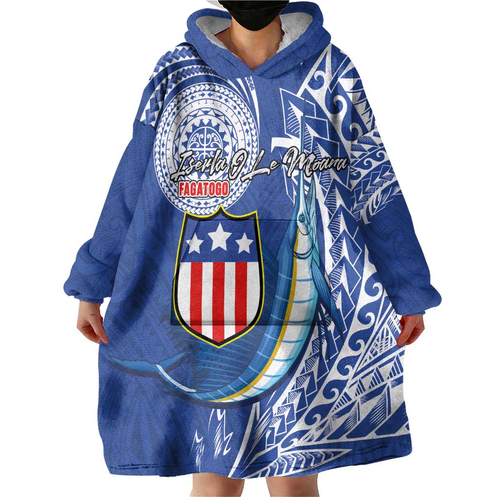 Personalised American Samoa Flag Day Wearable Blanket Hoodie Fautasi Race Fagatogo-Iseula O Le Moana Sailfish Tribal Style
