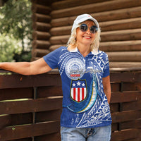 Personalised American Samoa Flag Day Women Polo Shirt Fautasi Race Fagatogo-Iseula O Le Moana Sailfish Tribal Style