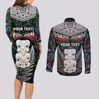 New Zealand Hei Tiki Couples Matching Long Sleeve Bodycon Dress and Long Sleeve Button Shirt Maori Green Papua Shell Pattern LT03 - Polynesian Pride