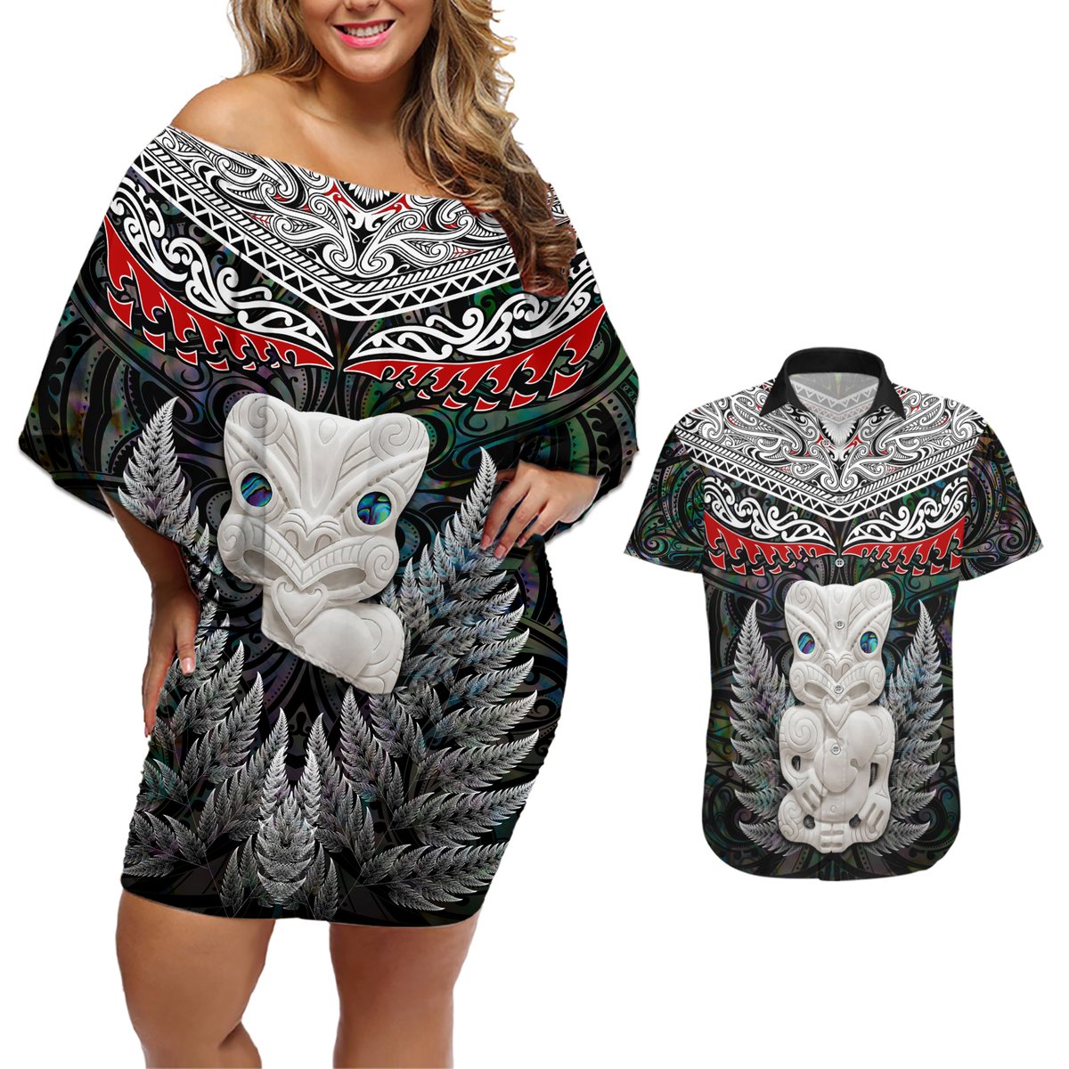 New Zealand Hei Tiki Couples Matching Off Shoulder Short Dress and Hawaiian Shirt Maori Green Papua Shell Pattern LT03 Green - Polynesian Pride