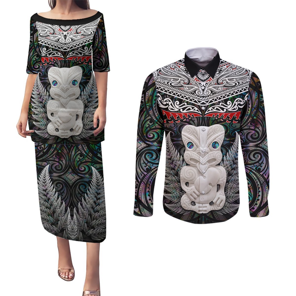 New Zealand Hei Tiki Couples Matching Puletasi and Long Sleeve Button Shirt Maori Green Papua Shell Pattern LT03 Green - Polynesian Pride