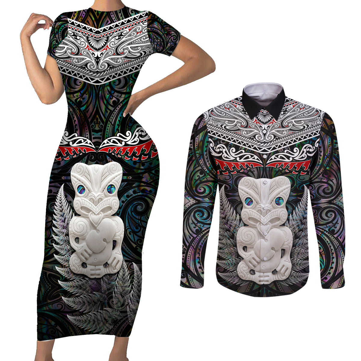New Zealand Hei Tiki Couples Matching Short Sleeve Bodycon Dress and Long Sleeve Button Shirt Maori Green Papua Shell Pattern LT03 Green - Polynesian Pride