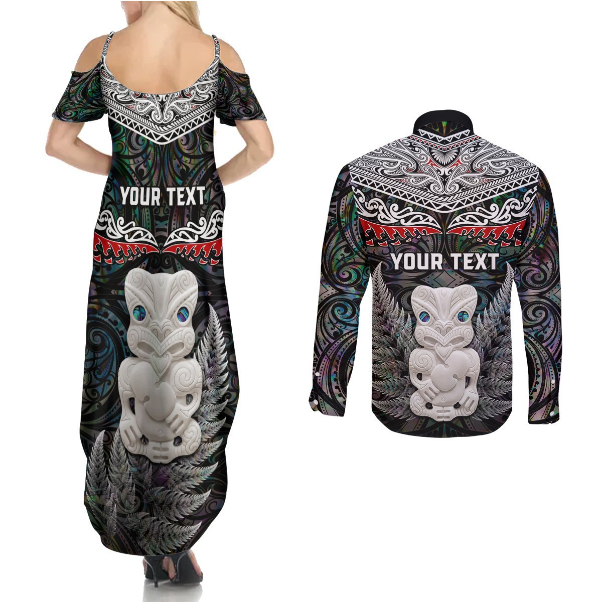New Zealand Hei Tiki Couples Matching Summer Maxi Dress and Long Sleeve Button Shirt Maori Green Papua Shell Pattern LT03 - Polynesian Pride