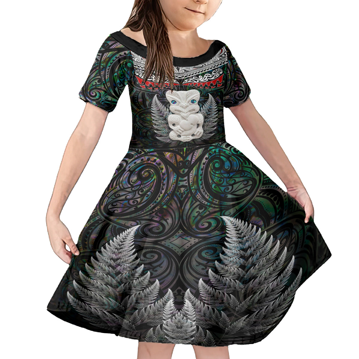 New Zealand Hei Tiki Family Matching Long Sleeve Bodycon Dress and Hawaiian Shirt Maori Green Papua Shell Pattern LT03 Daughter's Dress Green - Polynesian Pride