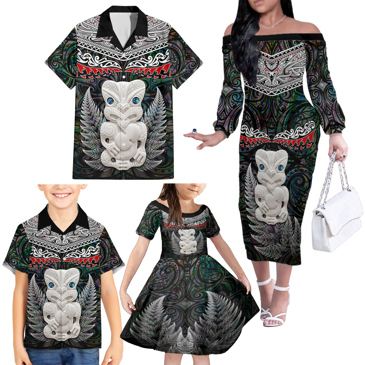 New Zealand Hei Tiki Family Matching Off Shoulder Long Sleeve Dress and Hawaiian Shirt Maori Green Papua Shell Pattern LT03 - Polynesian Pride
