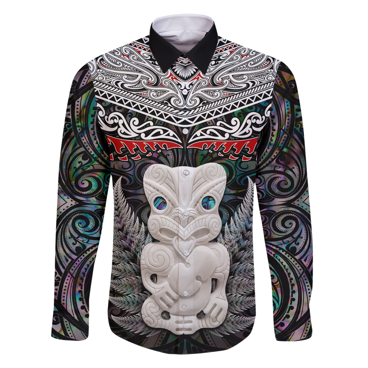 New Zealand Hei Tiki Family Matching Off Shoulder Long Sleeve Dress and Hawaiian Shirt Maori Green Papua Shell Pattern LT03 Dad's Shirt - Long Sleeve Green - Polynesian Pride