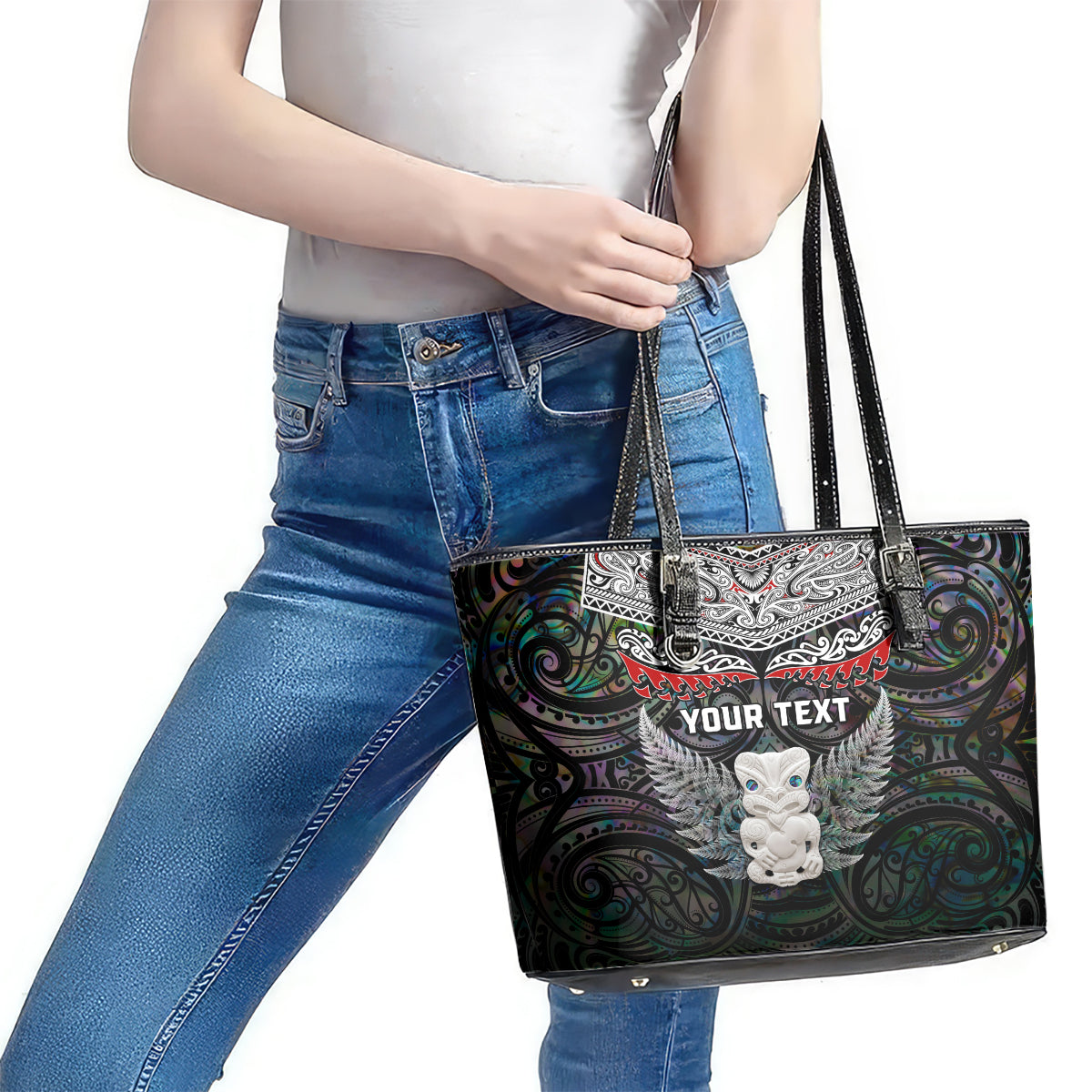 New Zealand Hei Tiki Leather Tote Bag Maori Green Papua Shell Pattern LT03 - Polynesian Pride