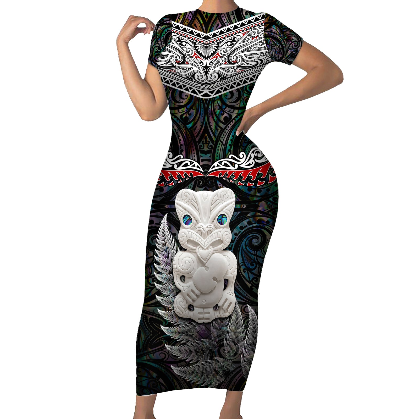 New Zealand Hei Tiki Short Sleeve Bodycon Dress Maori Green Papua Shell Pattern LT03 Long Dress Green - Polynesian Pride