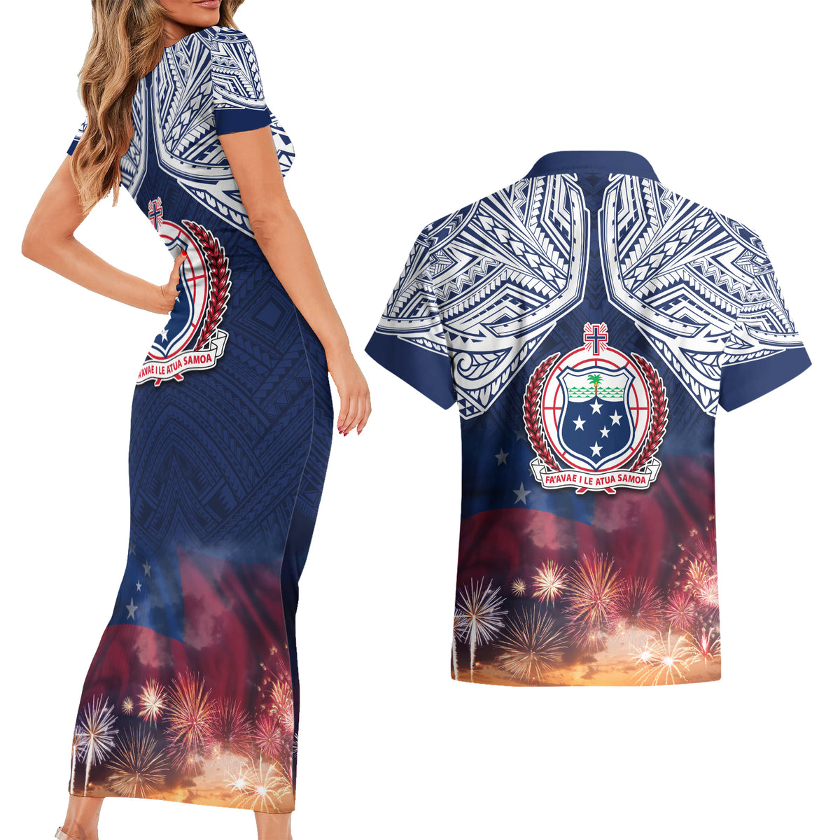 Samoa Indenpendence Day Couples Matching Short Sleeve Bodycon Dress and Hawaiian Shirt Sky Fireworks with Flag Style LT03 - Polynesian Pride