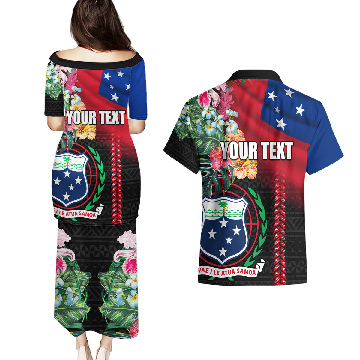 Personalised Samoa Indenpendence Day Couples Matching Puletasi and Hawaiian Shirt Tropical Samoan Coat of Arms With Siapo Pattern LT03 - Polynesian Pride