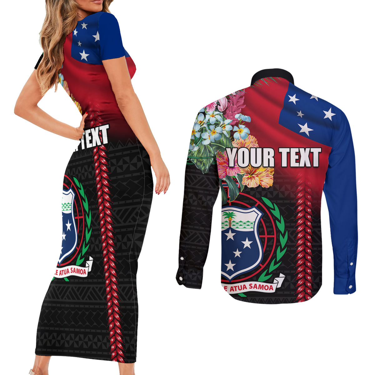 Personalised Samoa Indenpendence Day Couples Matching Short Sleeve Bodycon Dress and Long Sleeve Button Shirt Tropical Samoan Coat of Arms With Siapo Pattern LT03 - Polynesian Pride