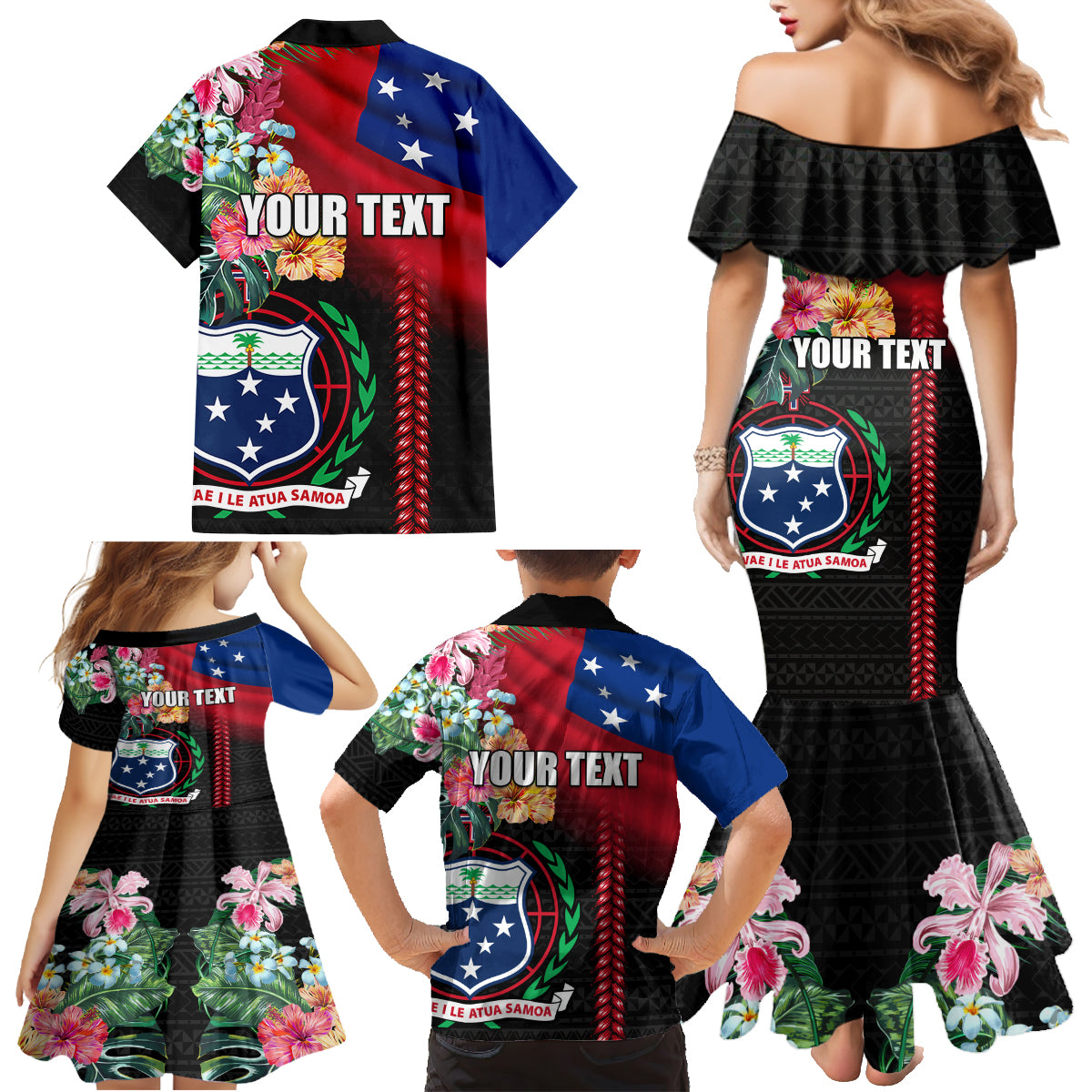 Personalised Samoa Indenpendence Day Family Matching Mermaid Dress and Hawaiian Shirt Tropical Samoan Coat of Arms With Siapo Pattern LT03 - Polynesian Pride