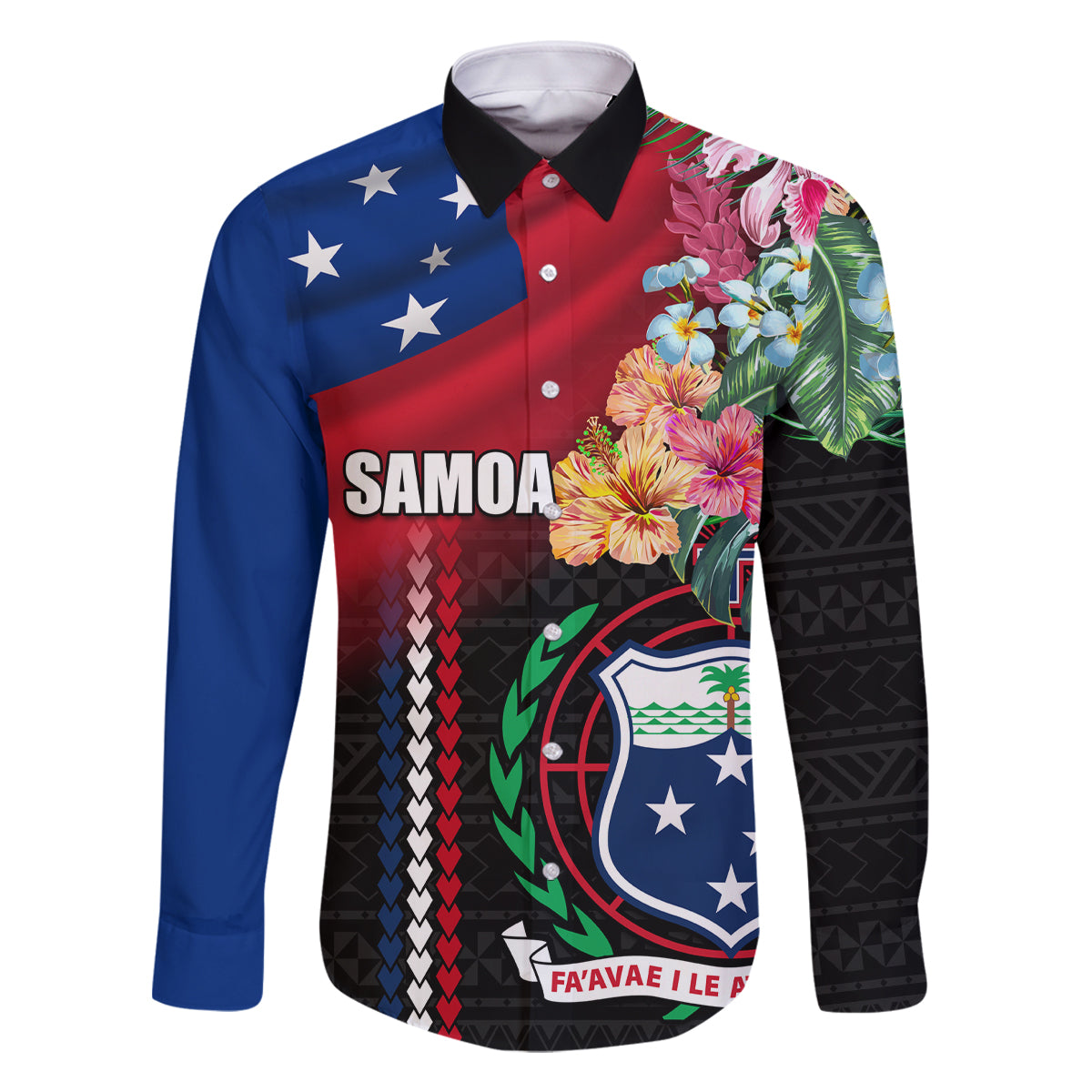 Personalised Samoa Indenpendence Day Family Matching Off Shoulder Short Dress and Hawaiian Shirt Tropical Samoan Coat of Arms With Siapo Pattern LT03 Dad's Shirt - Long Sleeve Black - Polynesian Pride
