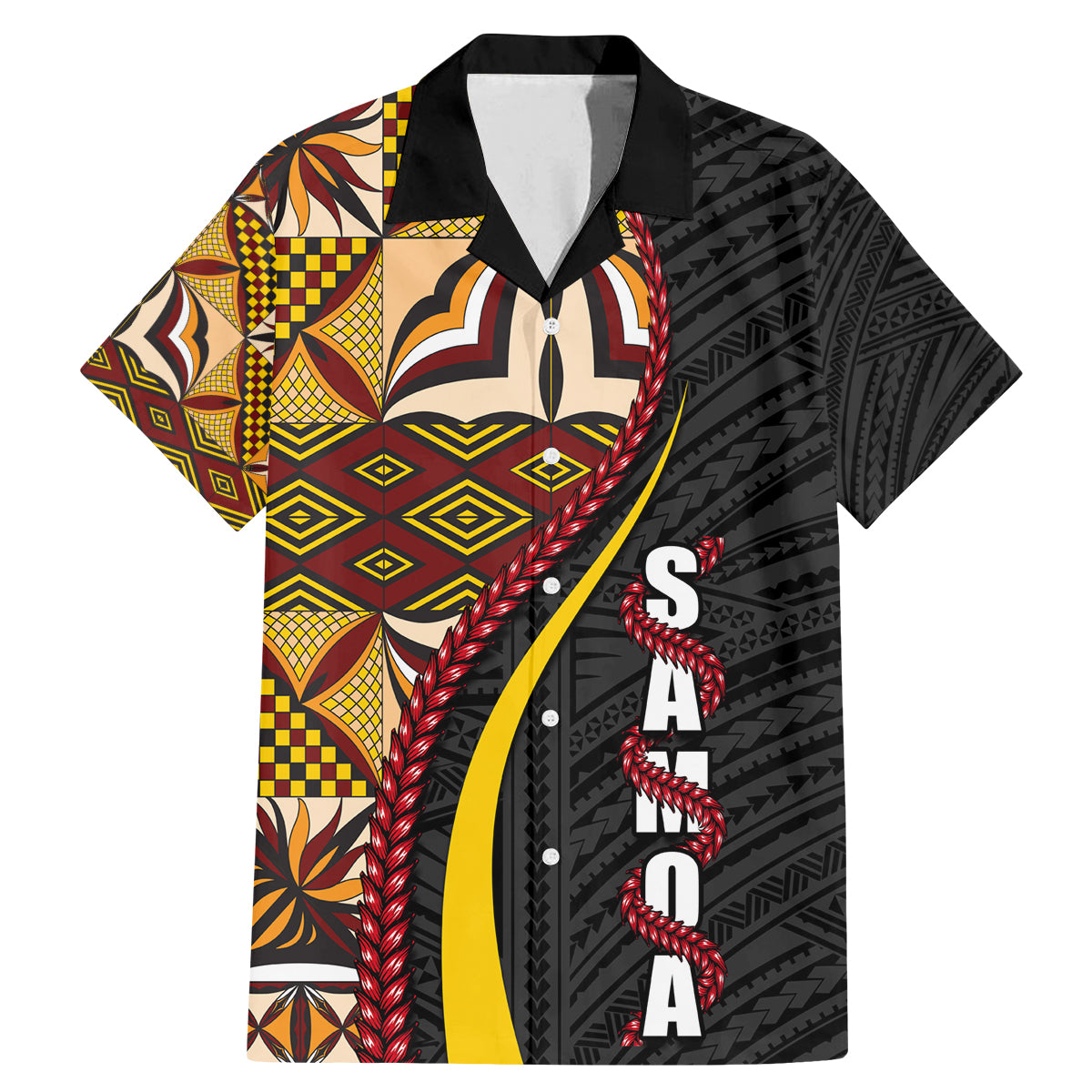 Samoa Siapo Ula Fala Family Matching Mermaid Dress and Hawaiian Shirt Polynesian Tribal Pattern LT03 Dad's Shirt - Short Sleeve Black - Polynesian Pride
