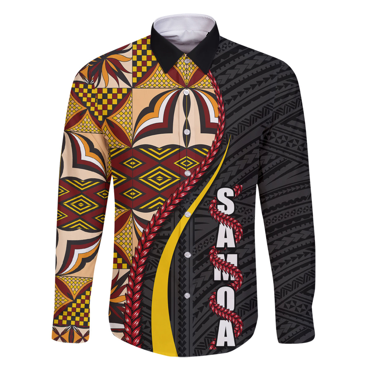 Samoa Siapo Ula Fala Family Matching Puletasi and Hawaiian Shirt Polynesian Tribal Pattern LT03 Dad's Shirt - Long Sleeve Black - Polynesian Pride