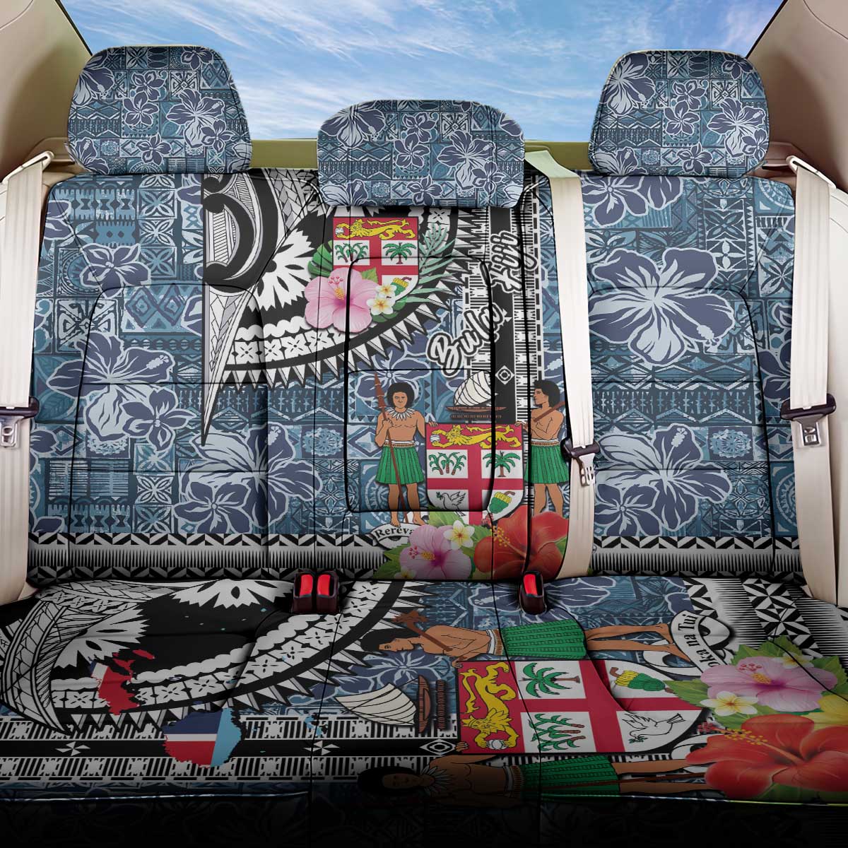 Fiji Day Back Car Seat Cover Traditional Tapa with Hibiscus and Emblems