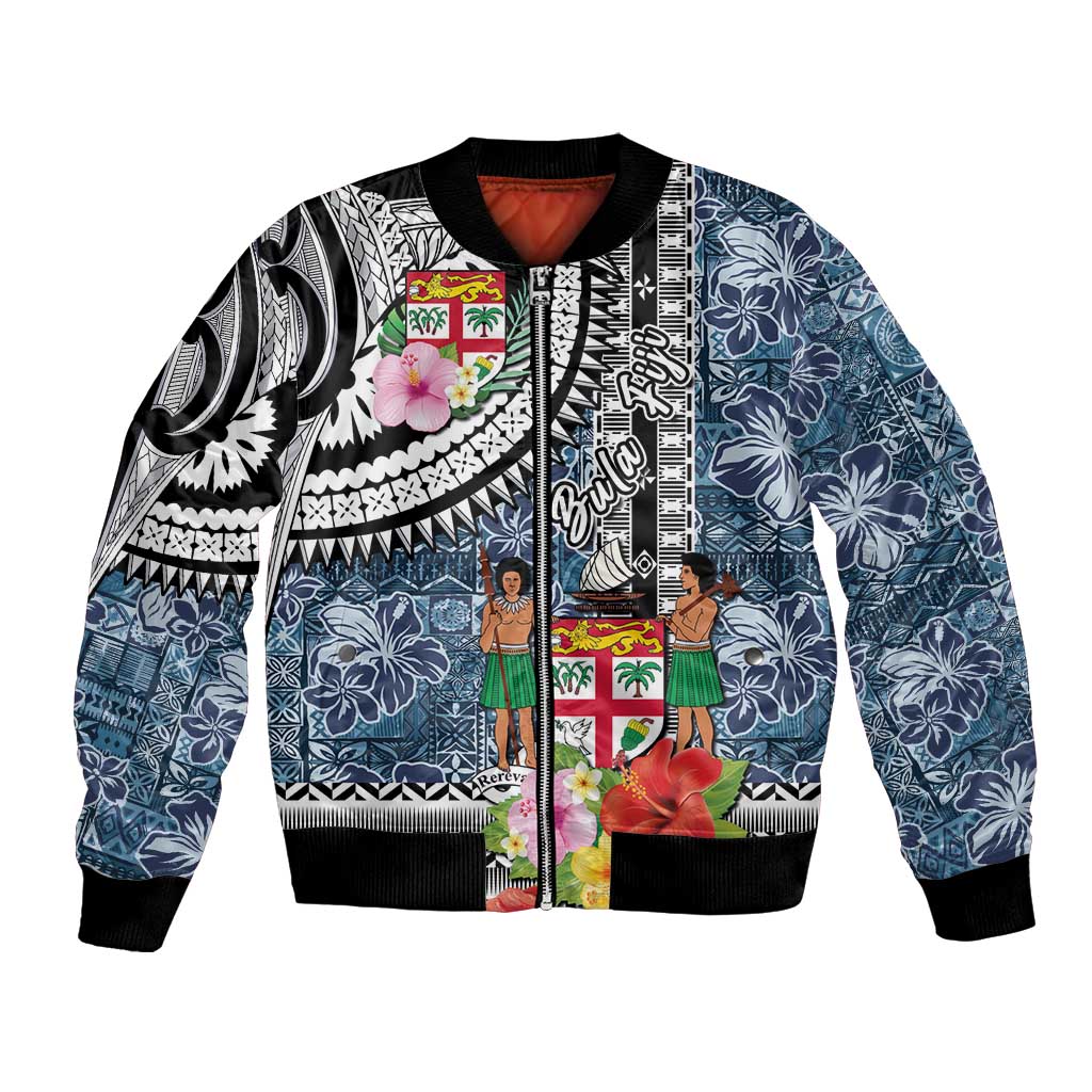 Fiji Day Bomber Jacket Traditional Tapa with Hibiscus and Emblems