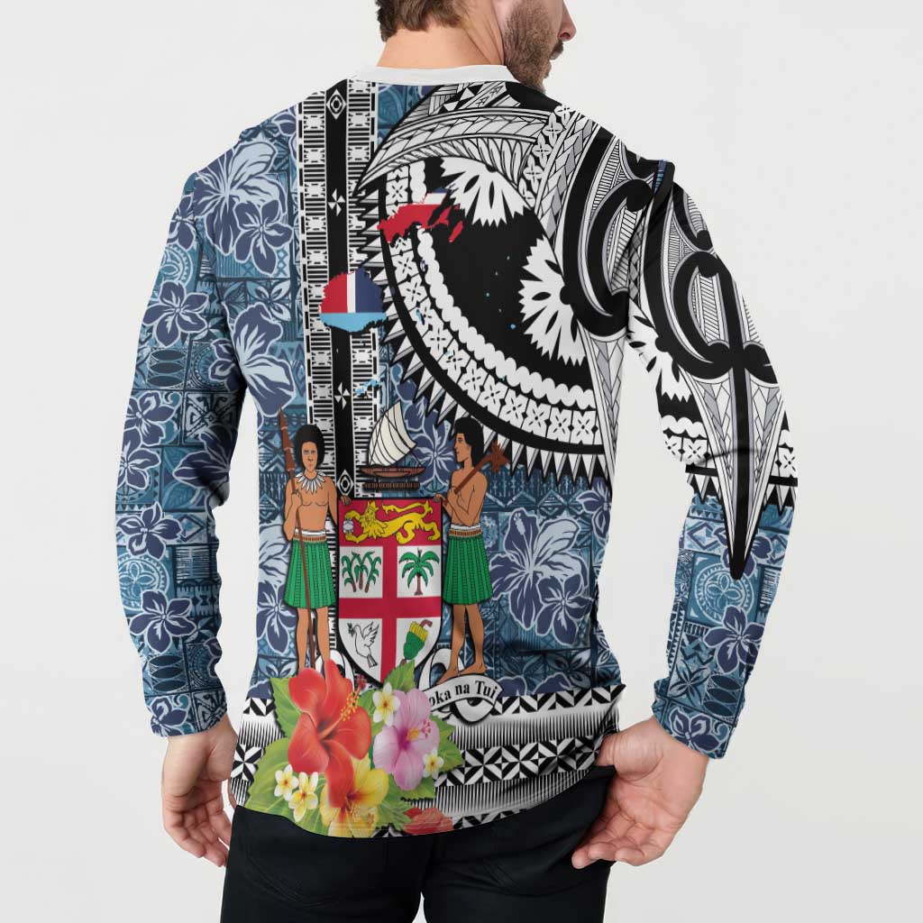 Fiji Day Button Sweatshirt Traditional Tapa with Hibiscus and Emblems