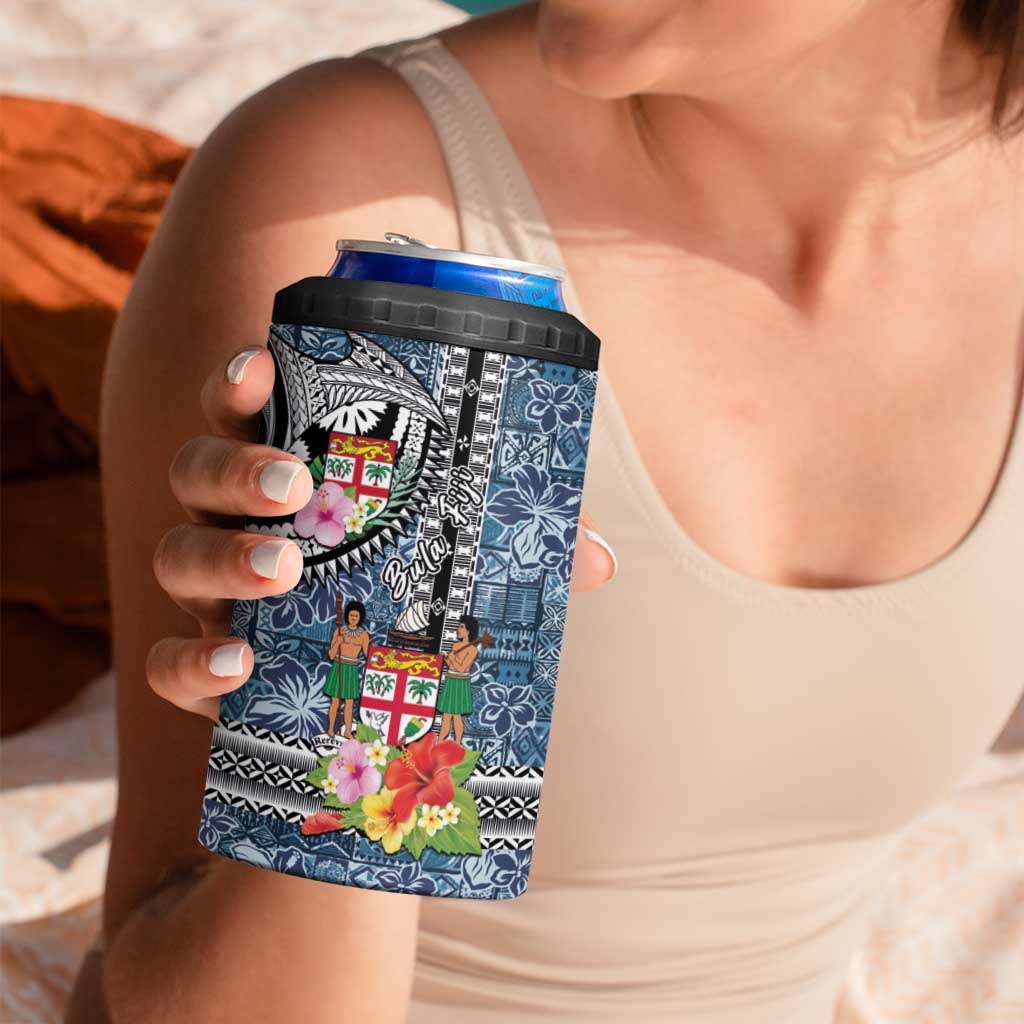 Fiji Day 4 in 1 Can Cooler Tumbler Traditional Tapa with Hibiscus and Emblems