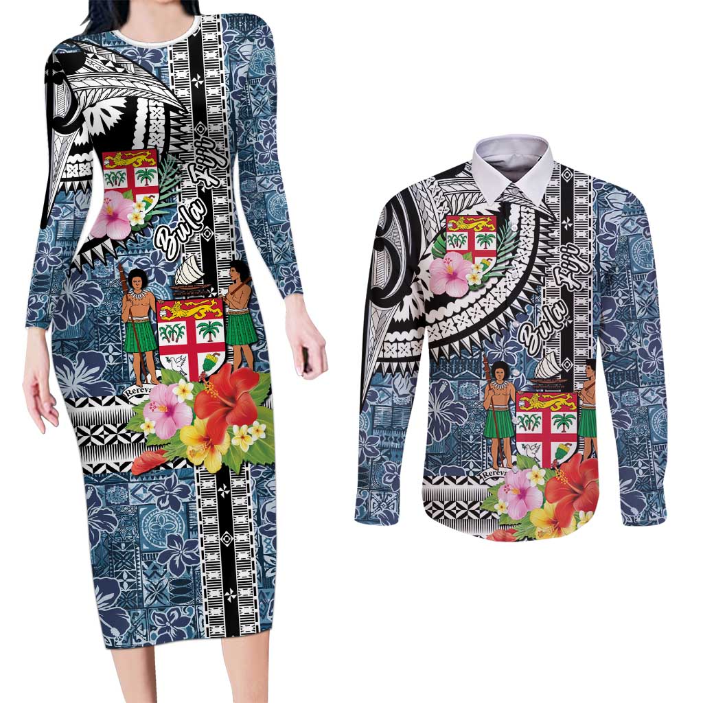 Fiji Day Couples Matching Long Sleeve Bodycon Dress and Long Sleeve Button Shirt Traditional Tapa with Hibiscus and Emblems