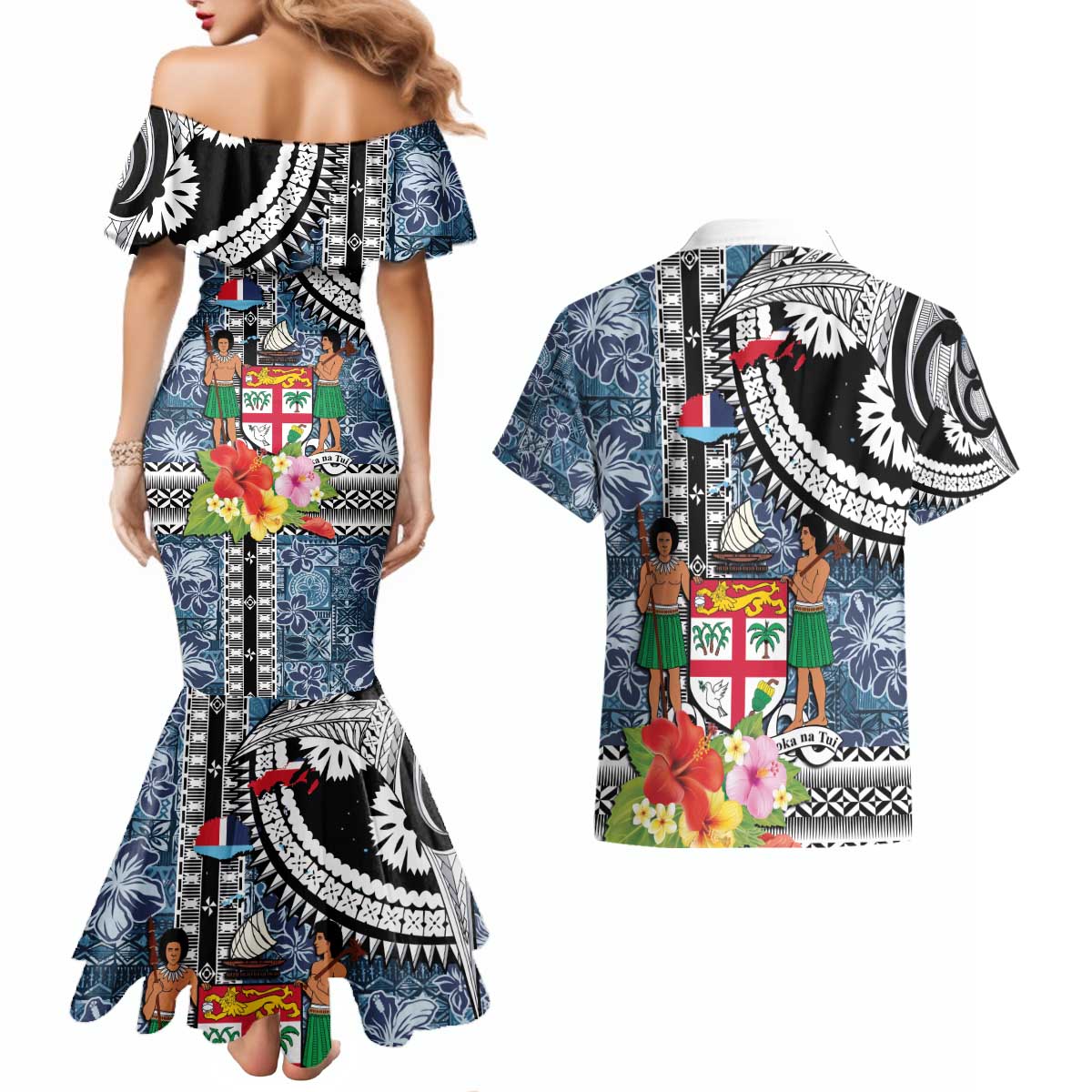 Fiji Day Couples Matching Mermaid Dress and Hawaiian Shirt Traditional Tapa with Hibiscus and Emblems