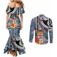 Fiji Day Couples Matching Mermaid Dress and Long Sleeve Button Shirt Traditional Tapa with Hibiscus and Emblems