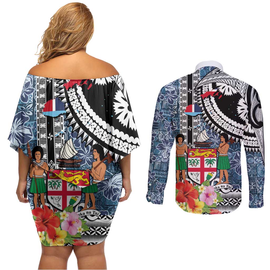 Fiji Day Couples Matching Off Shoulder Short Dress and Long Sleeve Button Shirt Traditional Tapa with Hibiscus and Emblems