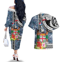 Fiji Day Couples Matching Off The Shoulder Long Sleeve Dress and Hawaiian Shirt Traditional Tapa with Hibiscus and Emblems