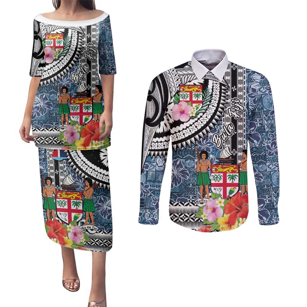 Fiji Day Couples Matching Puletasi and Long Sleeve Button Shirt Traditional Tapa with Hibiscus and Emblems