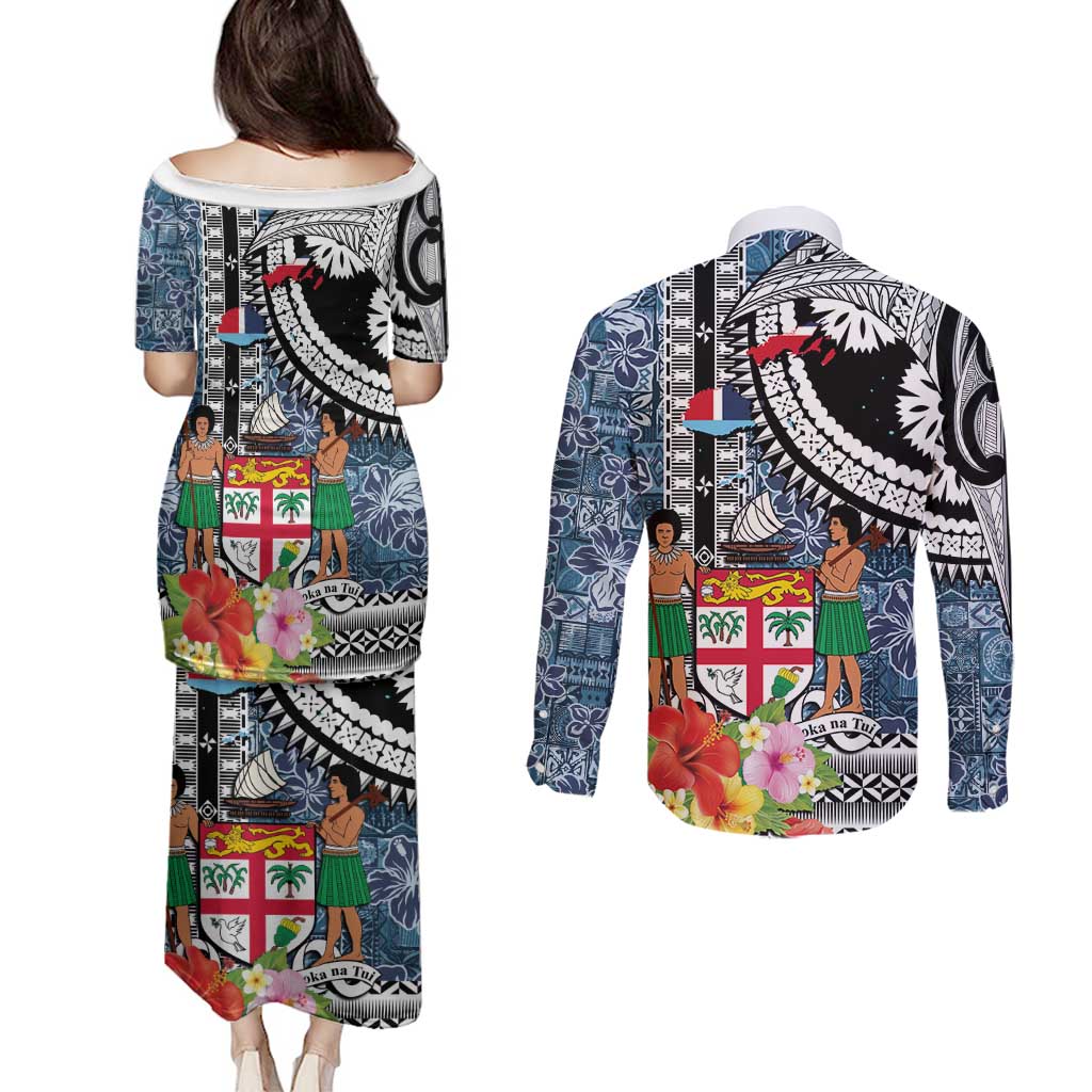 Fiji Day Couples Matching Puletasi and Long Sleeve Button Shirt Traditional Tapa with Hibiscus and Emblems