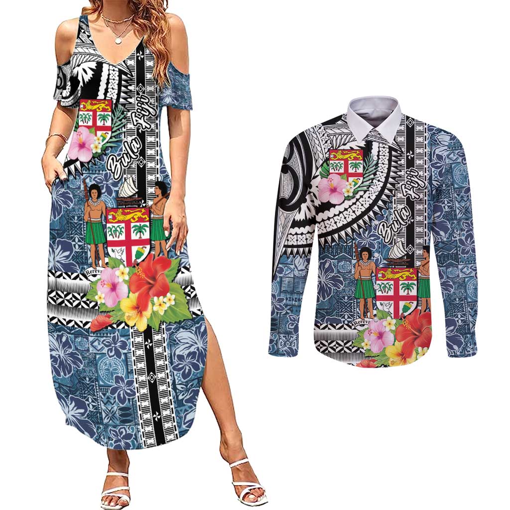 Fiji Day Couples Matching Summer Maxi Dress and Long Sleeve Button Shirt Traditional Tapa with Hibiscus and Emblems