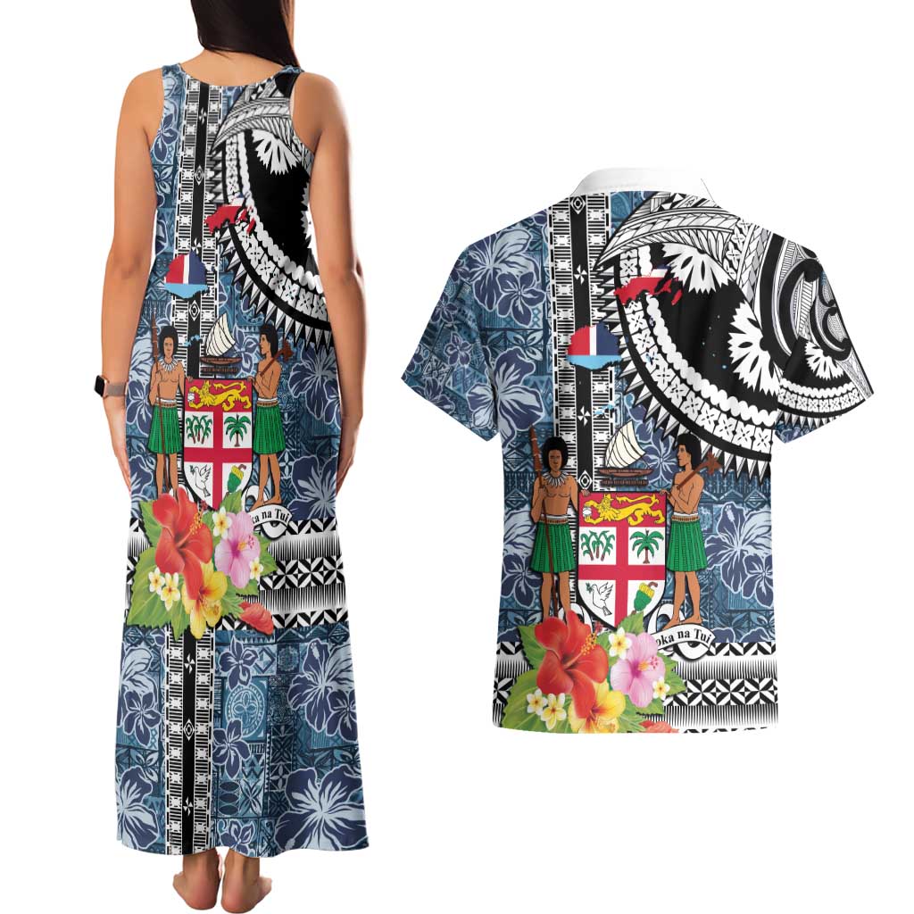 Fiji Day Couples Matching Tank Maxi Dress and Hawaiian Shirt Traditional Tapa with Hibiscus and Emblems