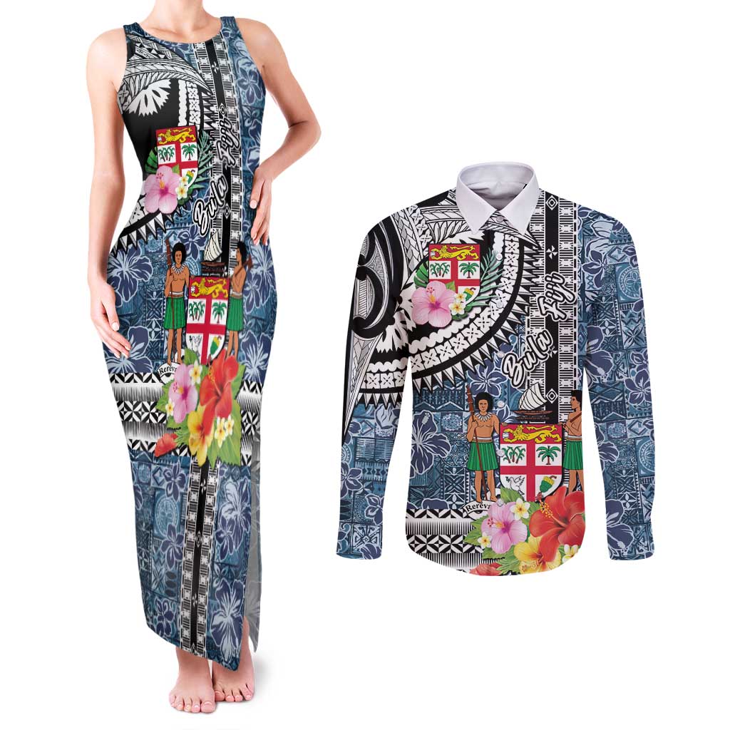 Fiji Day Couples Matching Tank Maxi Dress and Long Sleeve Button Shirt Traditional Tapa with Hibiscus and Emblems