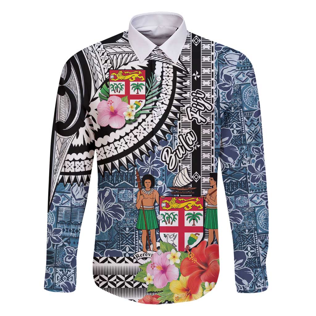 Fiji Day Family Matching Long Sleeve Bodycon Dress and Hawaiian Shirt Traditional Tapa with Hibiscus and Emblems