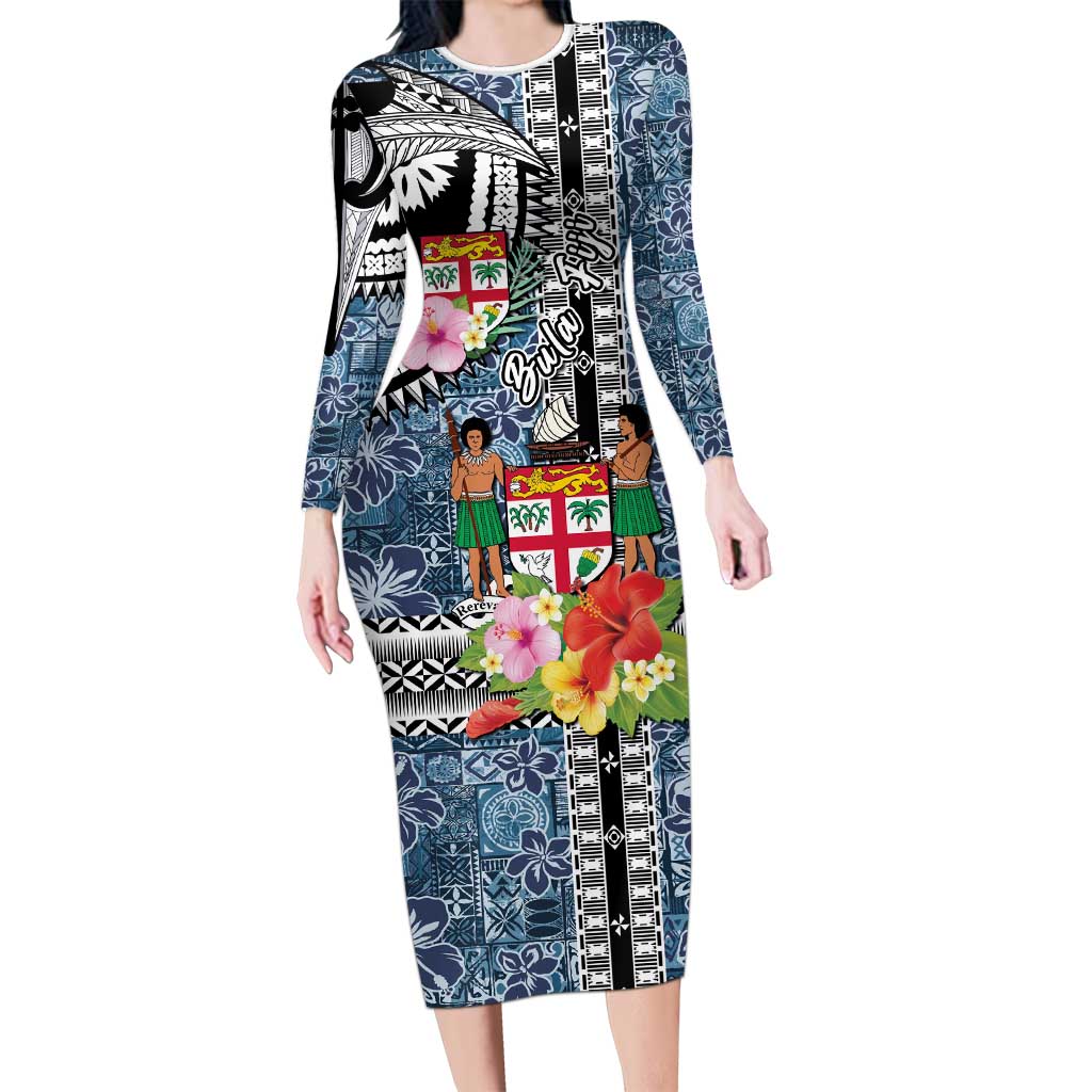 Fiji Day Family Matching Long Sleeve Bodycon Dress and Hawaiian Shirt Traditional Tapa with Hibiscus and Emblems