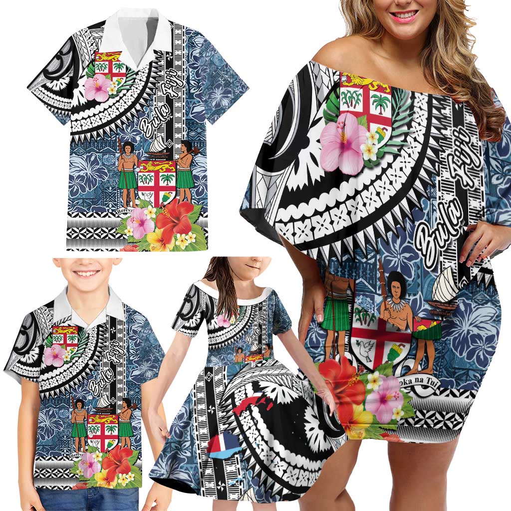 Fiji Day Family Matching Off Shoulder Short Dress and Hawaiian Shirt Traditional Tapa with Hibiscus and Emblems
