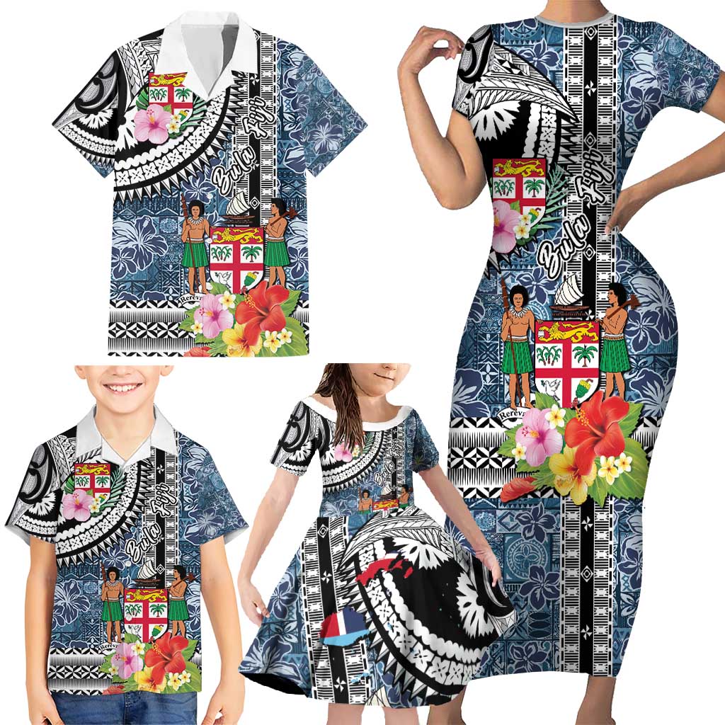 Fiji Day Family Matching Short Sleeve Bodycon Dress and Hawaiian Shirt Traditional Tapa with Hibiscus and Emblems