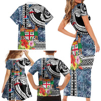 Fiji Day Family Matching Short Sleeve Bodycon Dress and Hawaiian Shirt Traditional Tapa with Hibiscus and Emblems