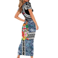 Fiji Day Family Matching Short Sleeve Bodycon Dress and Hawaiian Shirt Traditional Tapa with Hibiscus and Emblems