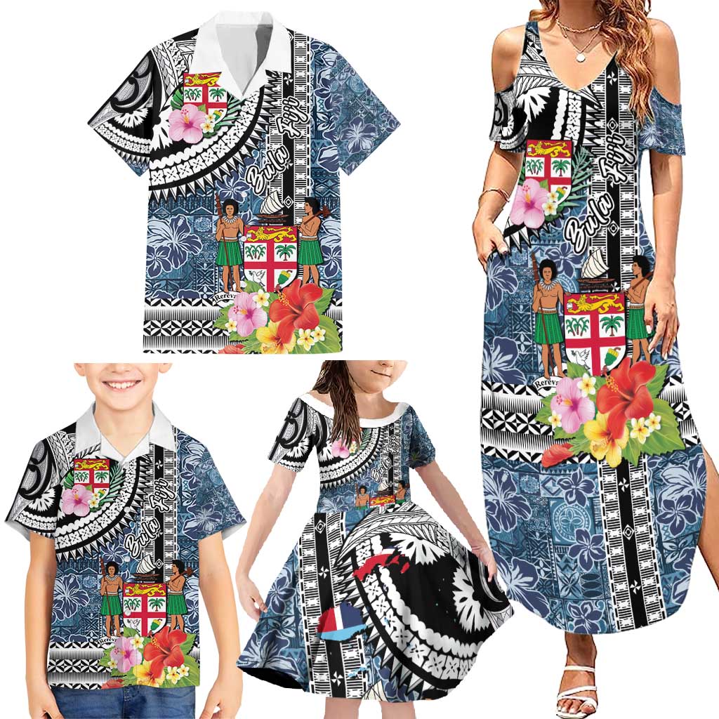 Fiji Day Family Matching Summer Maxi Dress and Hawaiian Shirt Traditional Tapa with Hibiscus and Emblems